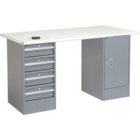 GLOBAL EQUIPMENT 60"W x 30"D Pedestal Workbench - 4 Drawers   Cabinet, ESD Safety Edge - Gray 607626